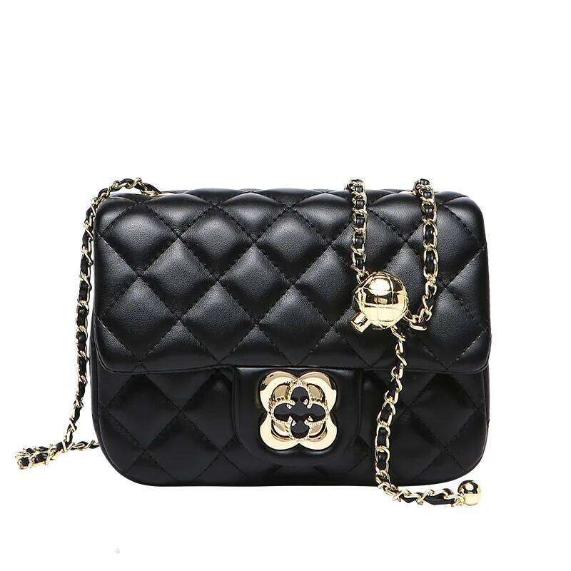Free Shopping Black Dia Grid Chain High-End Single Shoulder Bag, PU Small Fragrance Bag For Women