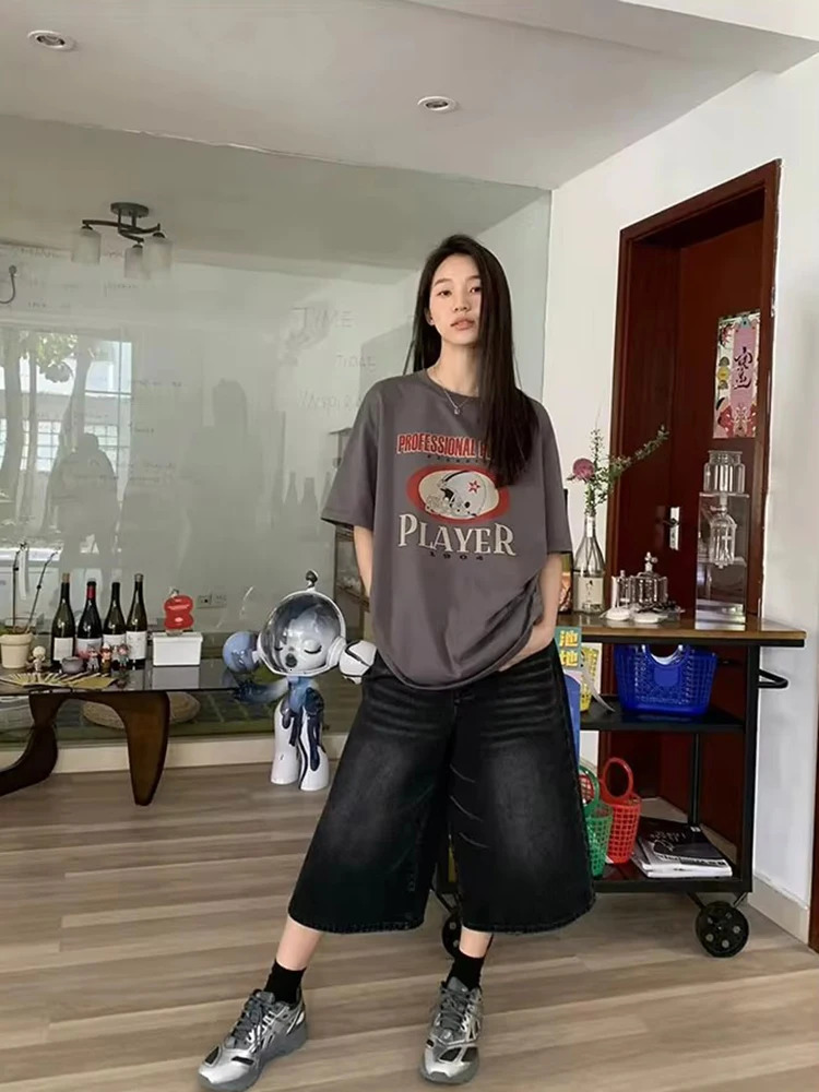 QWEEK Y2k Baggy Vintage Jort High Waist American Streetwear Wide Leg Knee Length Jeans Casual Loose Summer Denim Shorts 250516Z