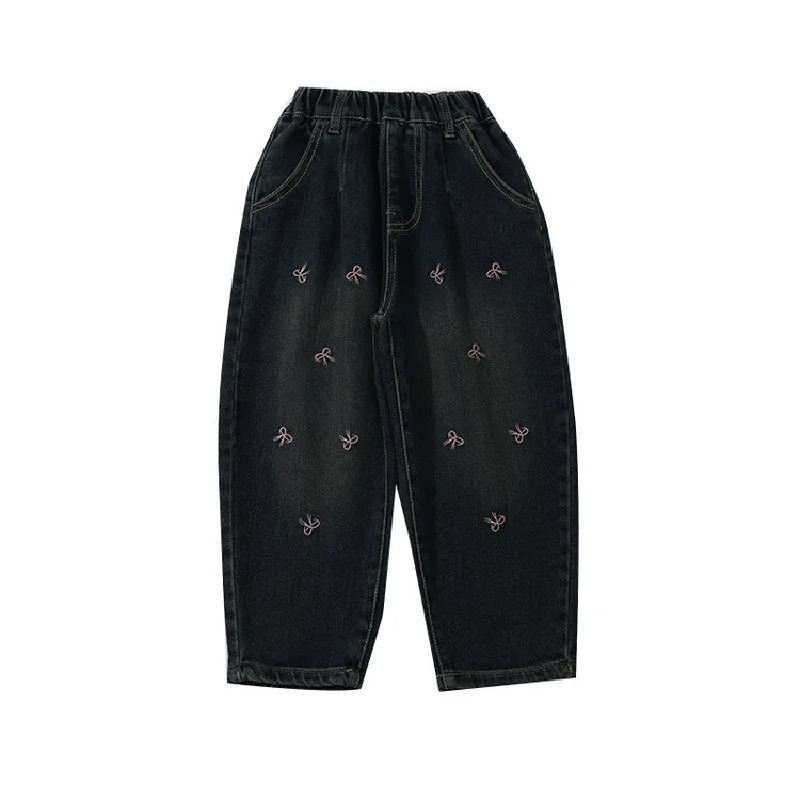 Girls Bow Jeans Pants Spring Kids Elastic Loose Denim Autumn Children Bowknot Print Trousers Fashion Harlequin 210Y 250528