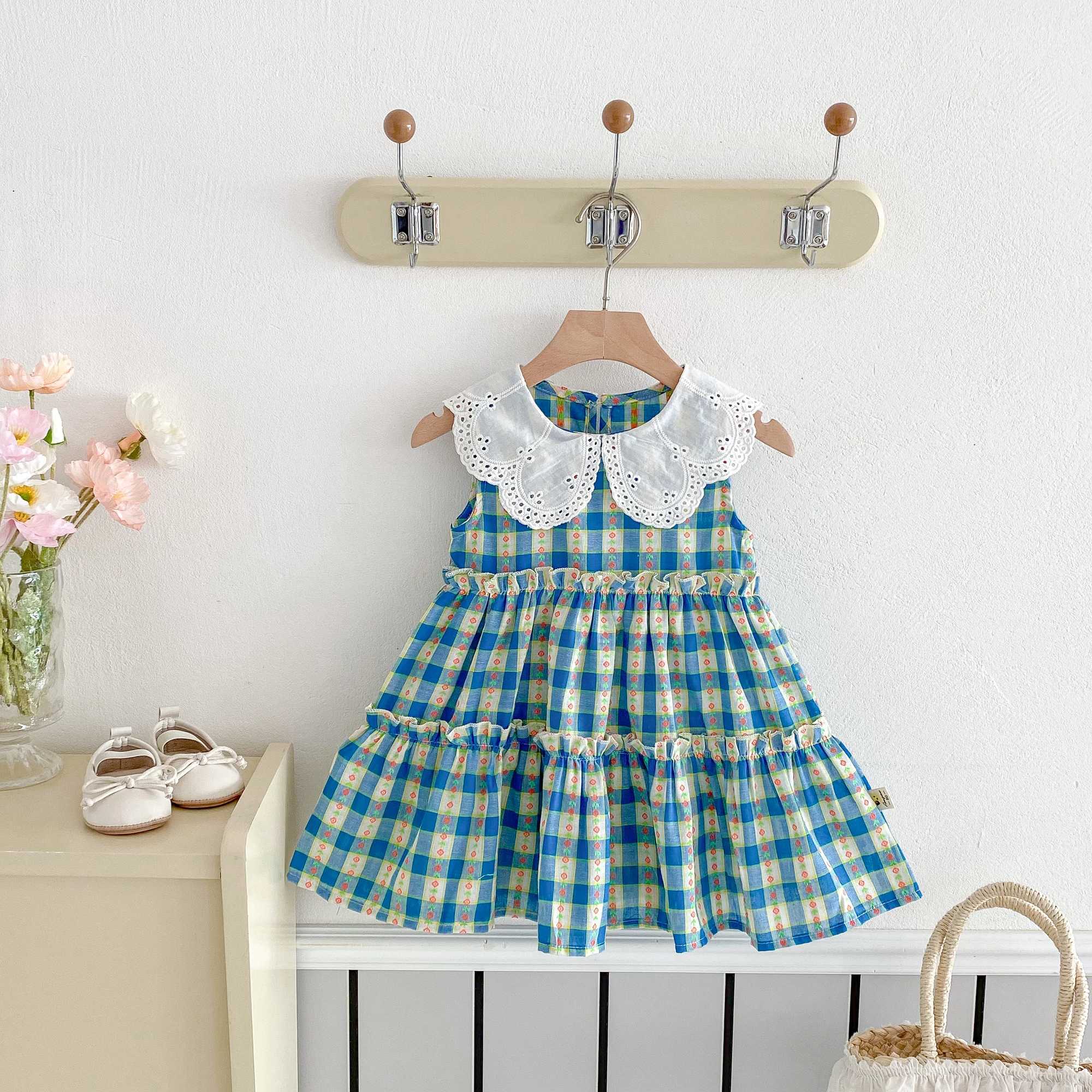 Summer girls dress sleeveless checkered lace lapel dress casual patchwork dress X250528