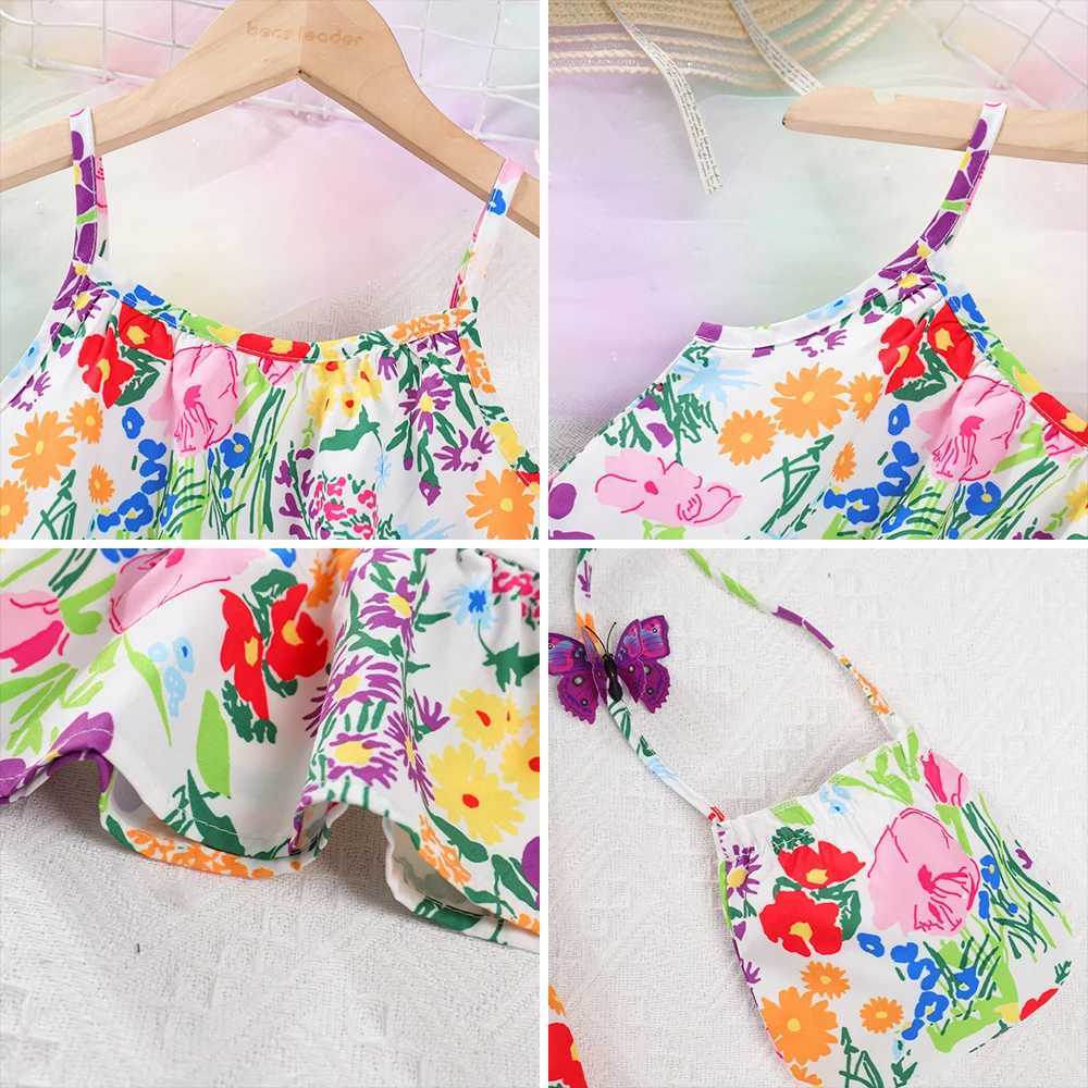 Bear Leader Childrens Wear 2023 Summer Girls Flower Print Sleeveless Strap Fashion Dress Girls Kids Beach Holiday Print Dress X250528