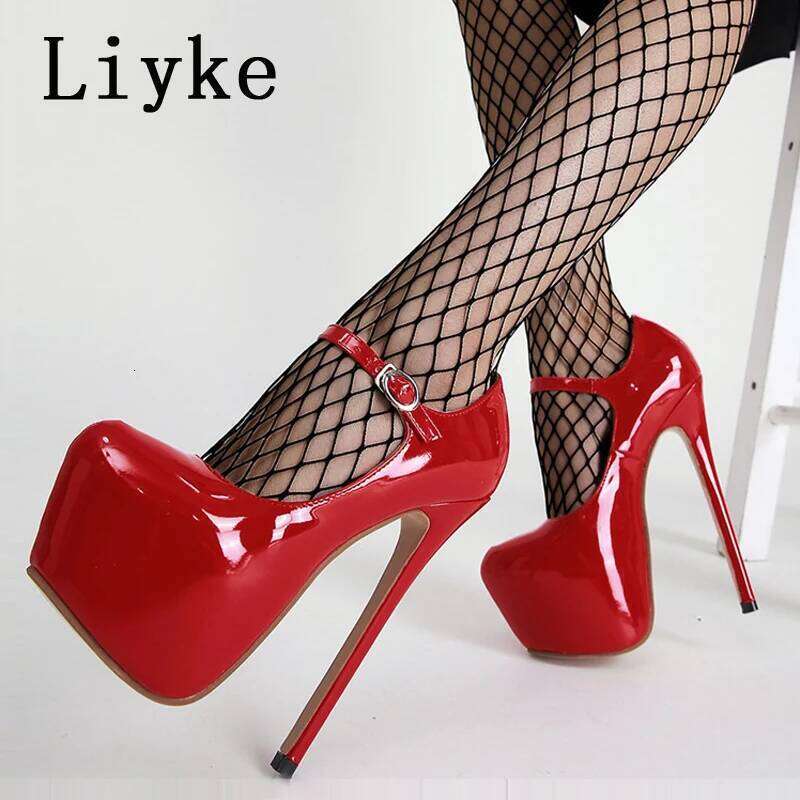 Liyke 2025 Spring Autumn Women Platform Pumps Black Round Toe Buckle Strap 17CM Super High Heels Pole Dance Shoes Stiletto Mujer