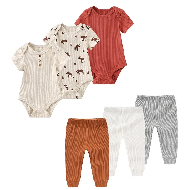 6PCS Cotton born Baby Girl Clothes Solid Color BodysuitsPants Sets Summer Cartoon Boy Print Bebes 250528