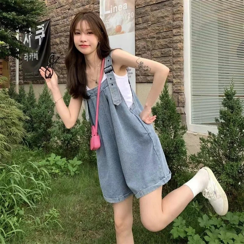 Curled Jeans Suspenders Shorts For Womens Summer Cool And Cute Little Wide Leg Student Loose Jumpers 250523