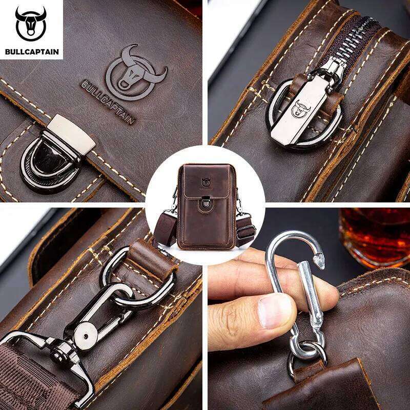 BULLCAPTAIN Crazy Horse Leather Male Phone Pouch Bags Waist Men's Small Chest Shoulder Belt Bag Back Pack Yb075