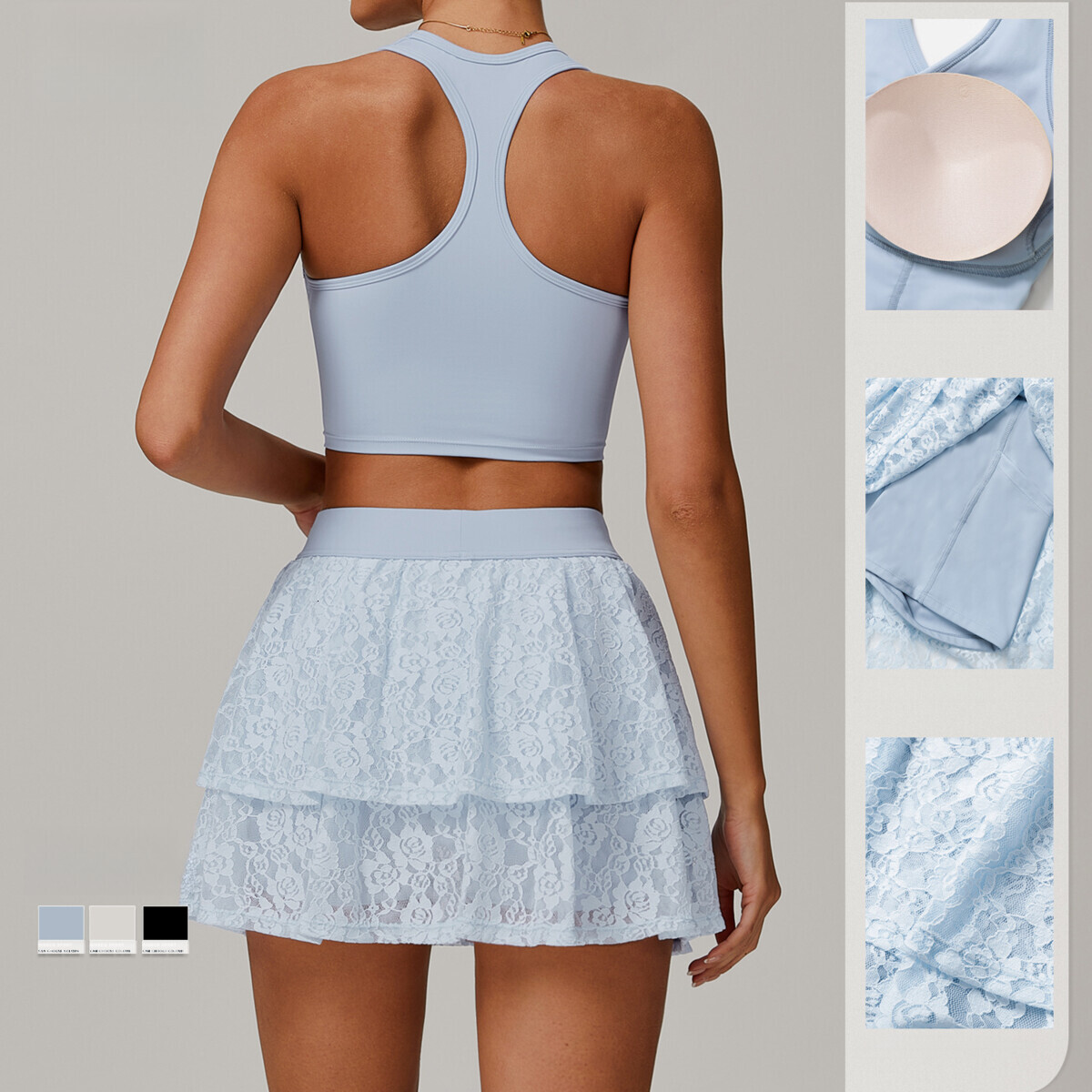 Women Workout Set Lace Naked Yoga Mesh Breathable Running Anti Light Tennis Skirt Sport Set Pilates Set