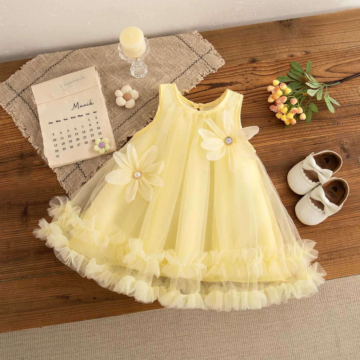 Baby Girl Pink Dress Flower Sweet Sleeveless Feather Gauze Princess Dress Wedding Party Dress for Kids Girl X250528