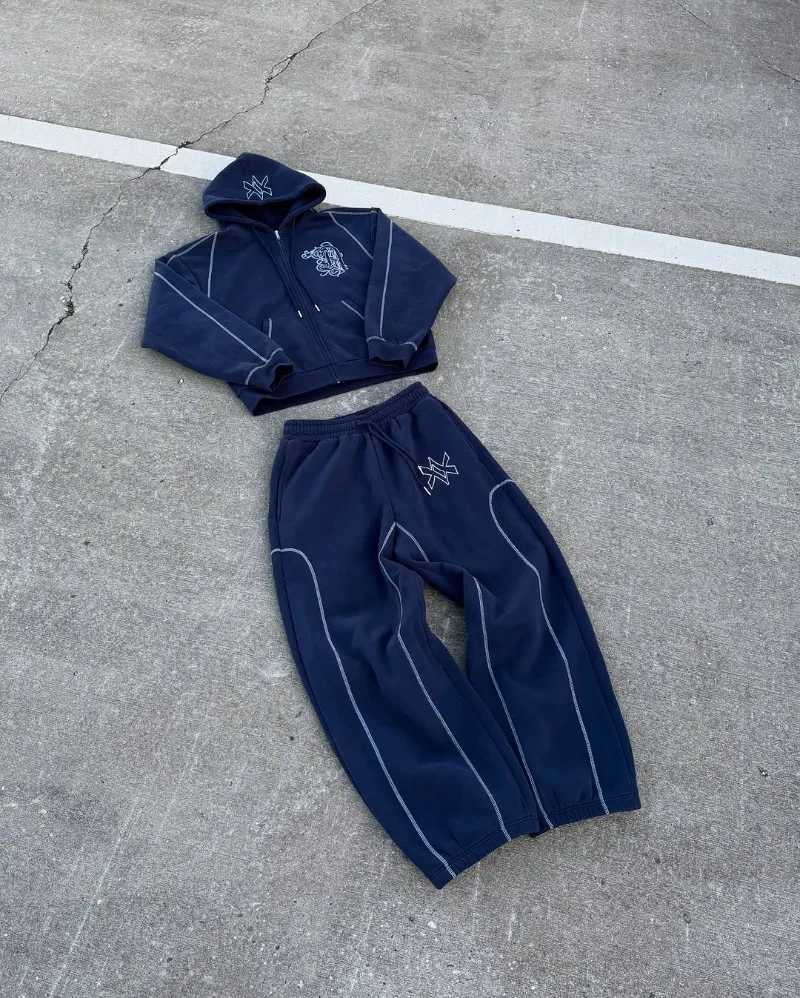 Hip hop fashion Vintage patchwork pattern embroidery design men clothing Y2k set Punk Harajuku casual couple oversized tracksuit X250528