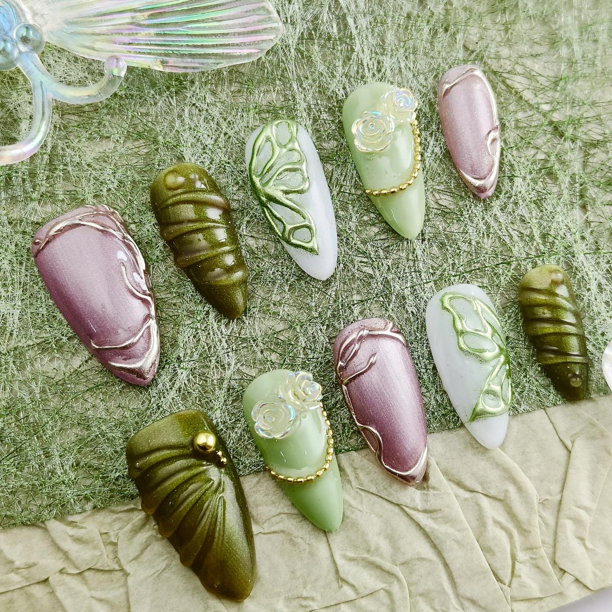 10pcs 3D Handrawn Handmade Press-on nails Medium Almond Nails Fake nails Bundle 3D Flwoers Butterfly Finished nail stickers Free storage box jelly glu