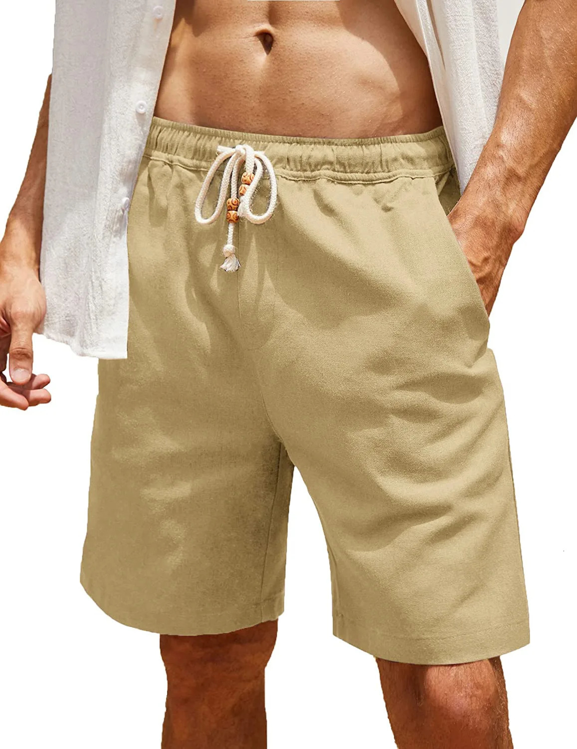 Mens loose shorts summer mens shorts cotton linen lace up oversized pocket casual shorts 250520