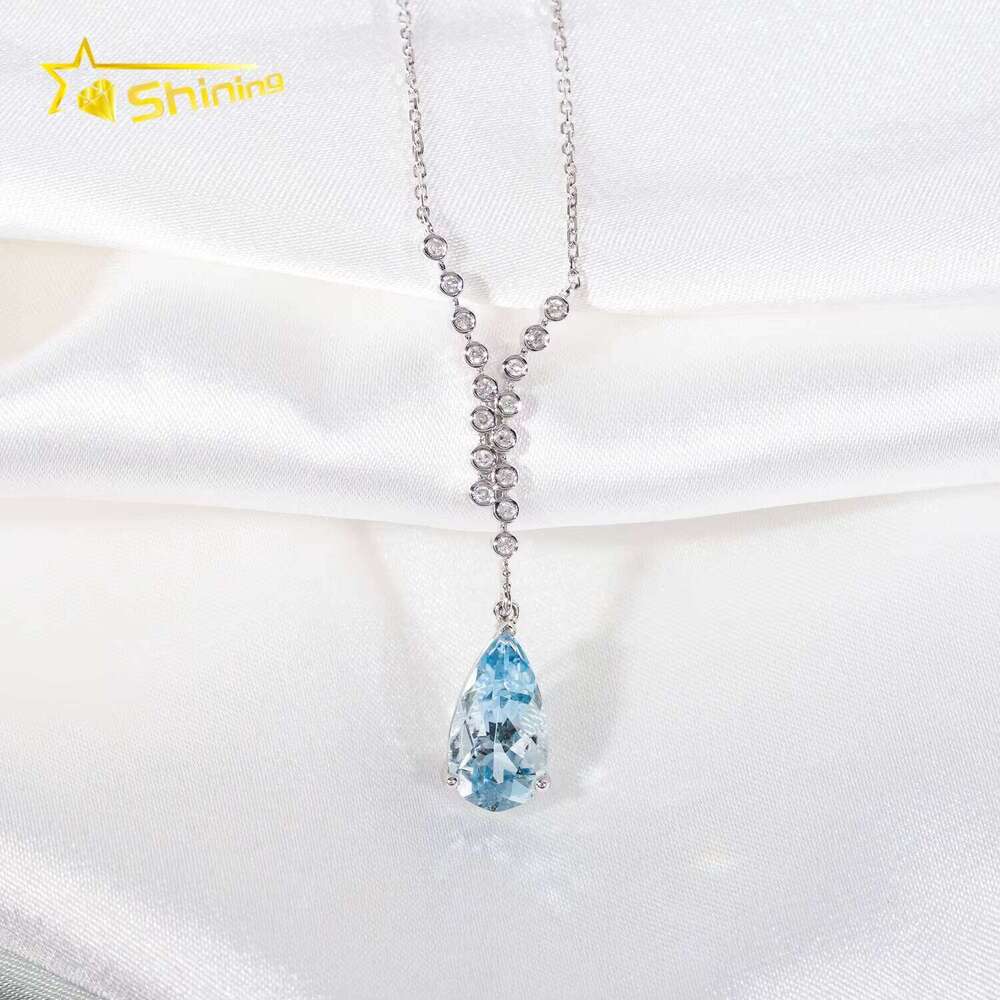 Trendy AU750 Solid Real Gold Dia Women Fine Jewelry Pear Cut Lab Sapphire Pendant Necklace