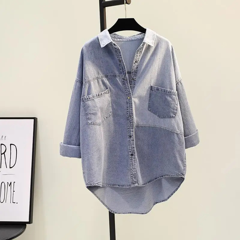 Women Korean Fashion Vintage Striped Patchwork Tunic Denim Shirt Casual Streetwear Irregular Loose Single Breasted Jeans Jacket 250523