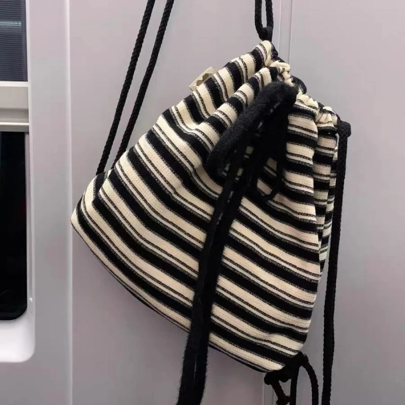 Maillard Idle Sle Stripe Fashion Canvas Backpack Spring and Summer Knitted Schoolbag Large Capacity Backpack 250527