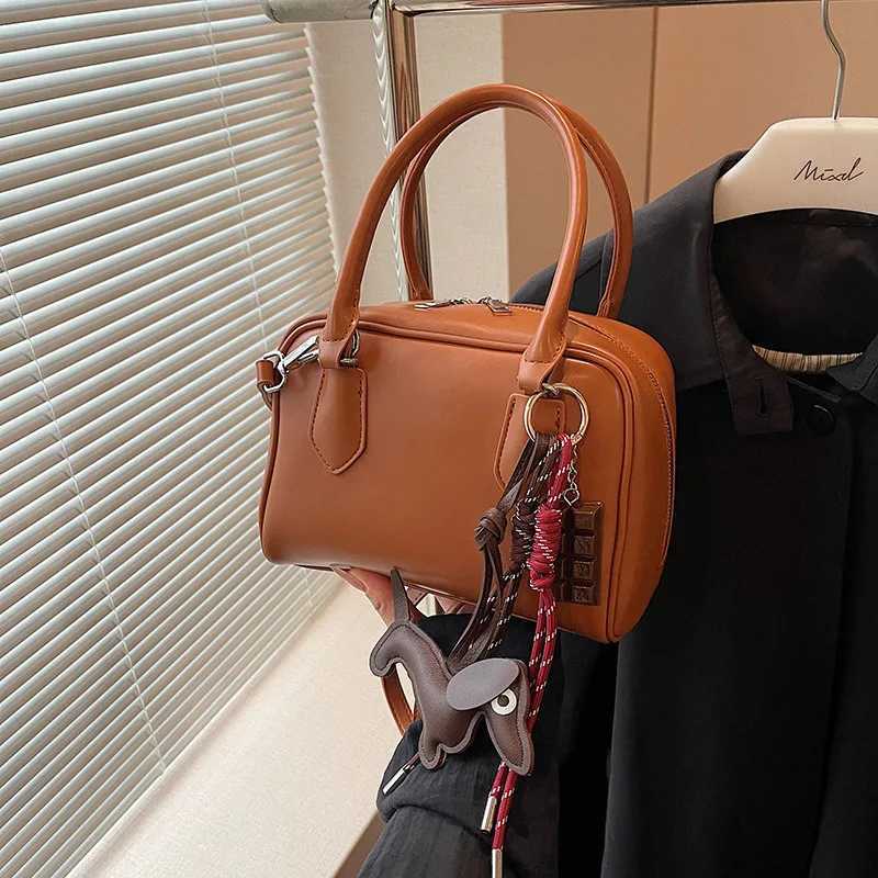 Womens PU Leather Cute Mini Boston Handbag Retro Brown Bowling Crossbody Bag High-end Korean Shoulder Bag Ladies Versatile Tote Y250528