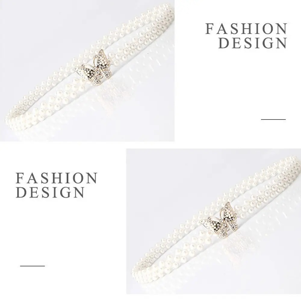 Exquisite Butterfly Buckle Waistband Elastic Pearls and Rhinestones Waist Strap Casual Waist Belts Clothing Decoration 250523