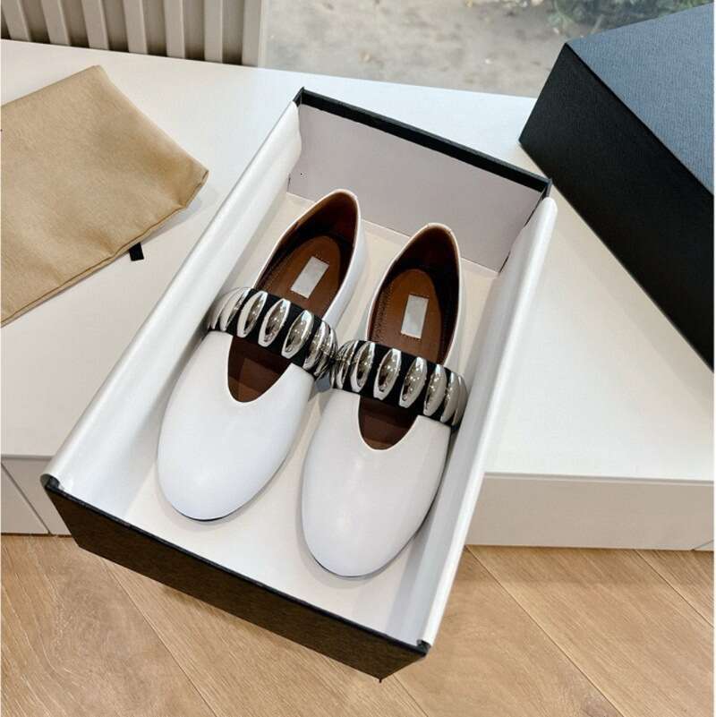 Sheepskin Version ~ Metal Buckle Elastic Band Flat Ballet for Women Summer Silver Genuine Leather Slip-On Mary Jane Shoes