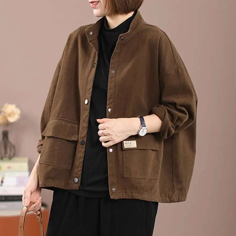 New Arrival Spring/autumn Women Loose Casual Long Sleeve O-neck Outerwear & Coats Pocket Patchwork Single Breasted Jackets W778