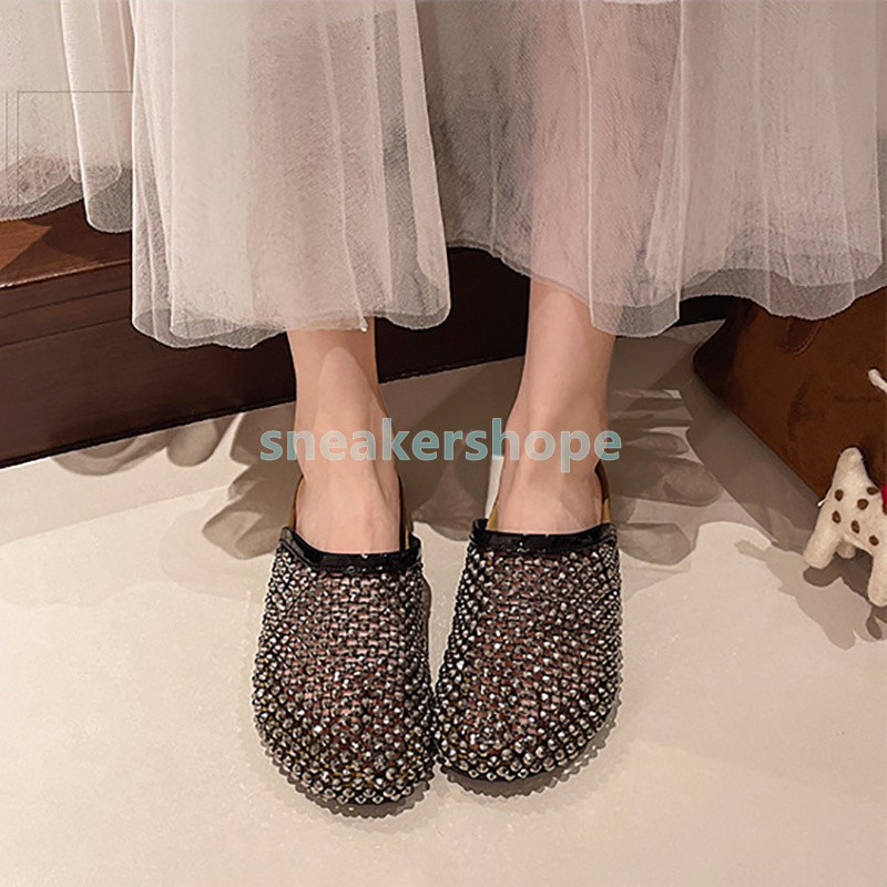 designer slides womens sandals slip-on slippers clogs sliders flat heels summer rhinestone glint fishing net sandal fashion sliders casual thick-soled