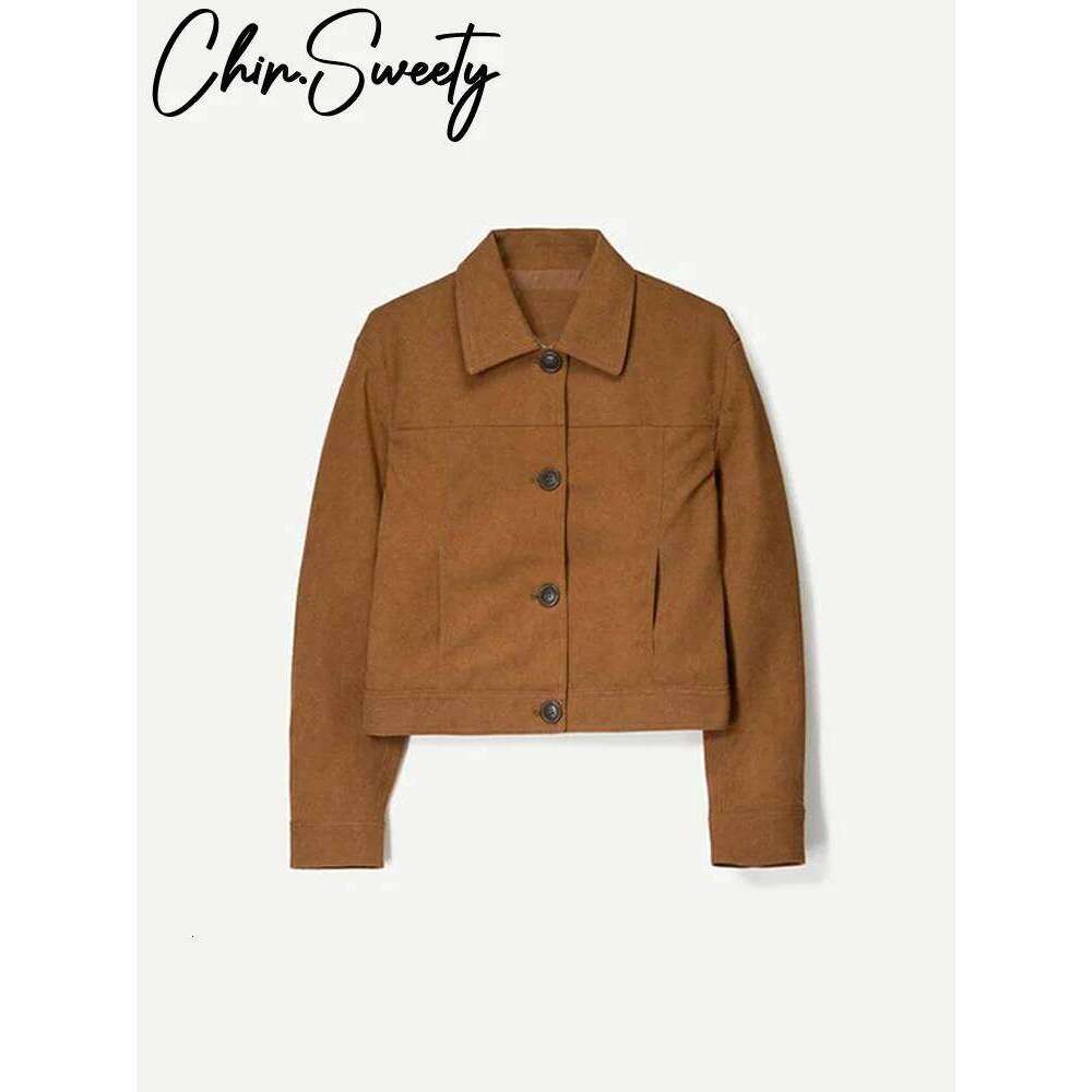 Women's Wear Vintage Suede Short Jackets Women Lapel Single Breasted Long Sleeves Deep Brown Coat Female Spring Summer Lady Streetwears