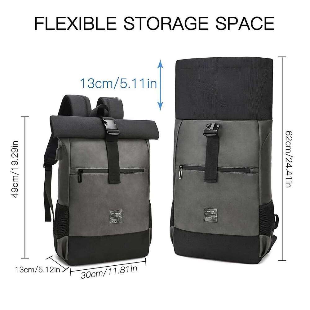 EverVanz Roll top Travel Waterproof PU Rucksack Men Women 17 Inch Laptop Bag Stylish College Backpack Schoolbag