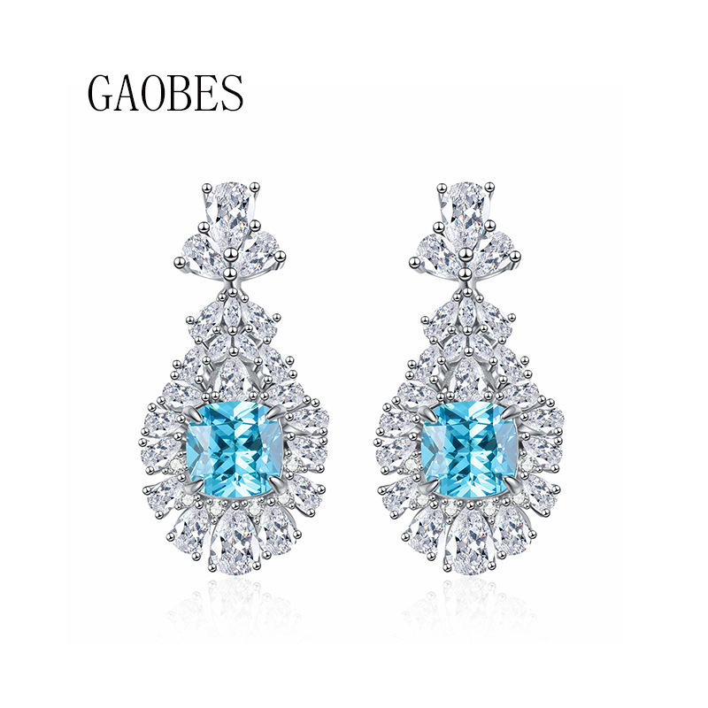 S925 Sterling Silver High-Carbon Diamond Ocean-Blue Square Stone Stud Earrings, Ice Flower Cut Long Drop Earrings, European and American Luxury Women&