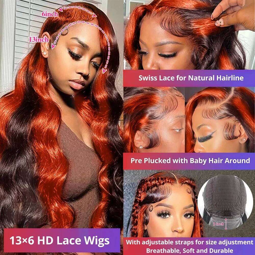 Linktowig 30 Inch Body Wave Wigs Human Hair Ginger Orange 1B/350 Colored 13x6 HD Lace Frontal Wig 250% Brazilian Highlight Remy
