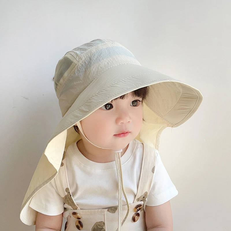 Solid Color Summer Sun Hat for Boy Girl Korean Big Brim Fisherman Cap s Quick Dry Mesh Anti UV Beach Cap with Neck Cover 250526