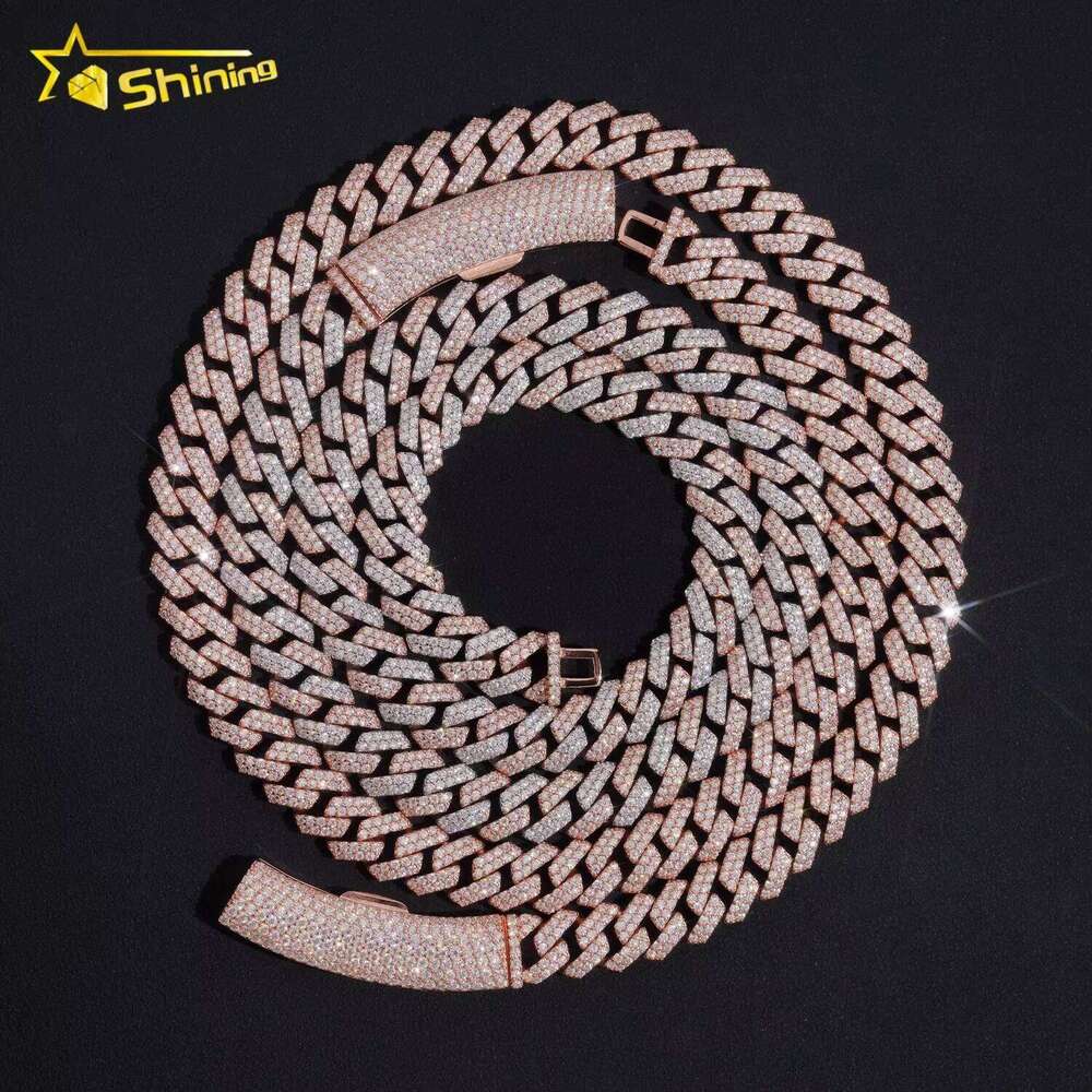 Basic Design Two Rows Iced Out VVS D Color Moissanite Dia Rose Gold Cuban Link Chain Necklace 10MM Curve Lock