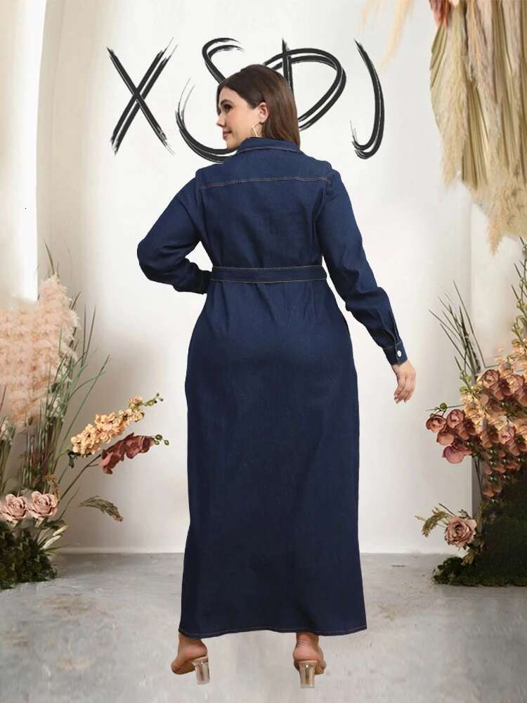 Long Denim Dress Sleeves Winter Plus Size Dress Women Elegant Luxury Cardigan Casual Denim Dress Wholesale Dropshipping