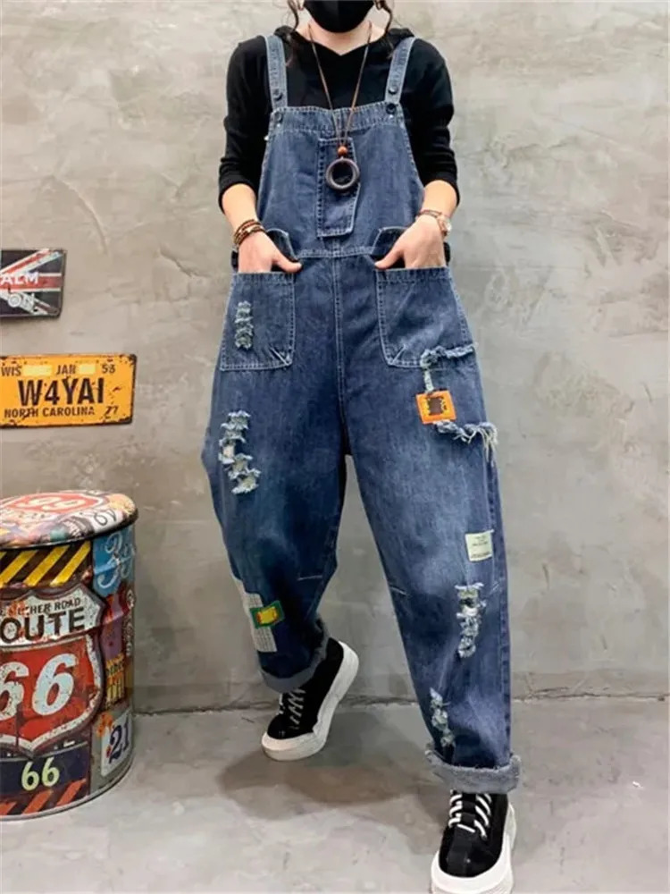 Women Clothes Spring summer Fashion Denim Jumpsuit Vintage Hole Trendy Trousers Wide Leg Dungarees Straps Baggy Suspender Jeans 250523