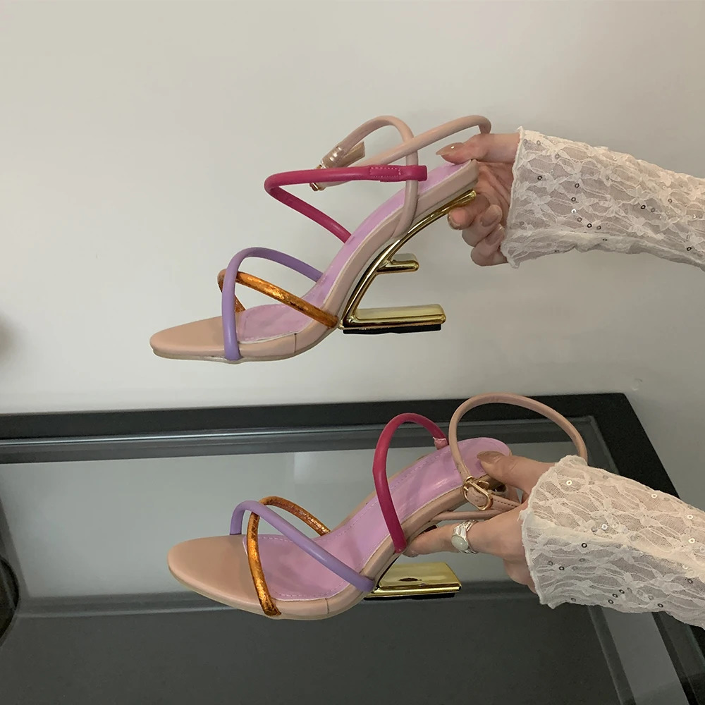 Aneikeh Summer Fashion Fretwork Heels Cross Striped Color Blocked High-heeled Sandals Women Ankle Buckle Strap Gladiator Shoes 250526