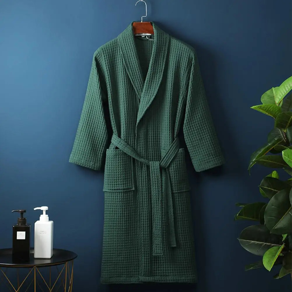 Long Waffle Bathrobe Unisex Mens V Neck Lace-up Nightgown with Pockets Loose Long Sleeve Sleepwear Towel Bathrobe for el 250527