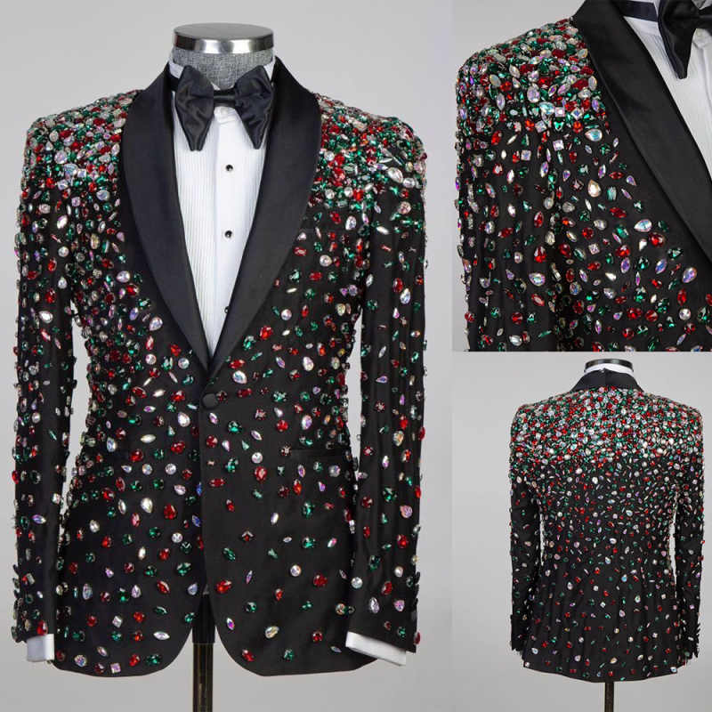 Colorful Beads Mens Wedding Tuxedos Shawl Lapel Slim Fit Groom Formal Tailored Party Birthday Wear 2 Pieces Black Pants