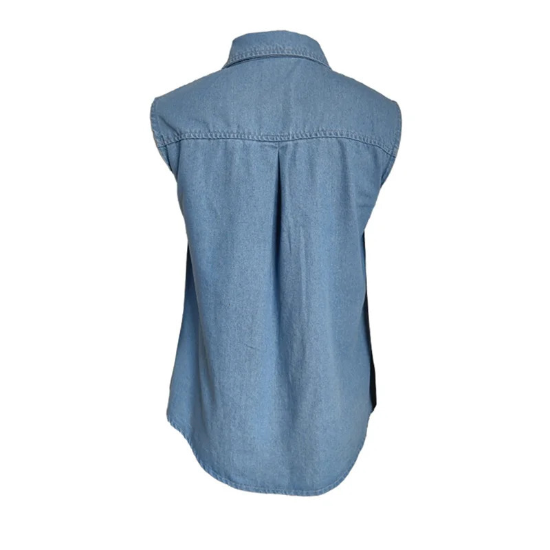 Women Bust Patchwork Single Pocket Shirt Lapel Sleeveless Single-breasted Cardigan Blouse Female Summer Thin Denim Tops Vest 250523