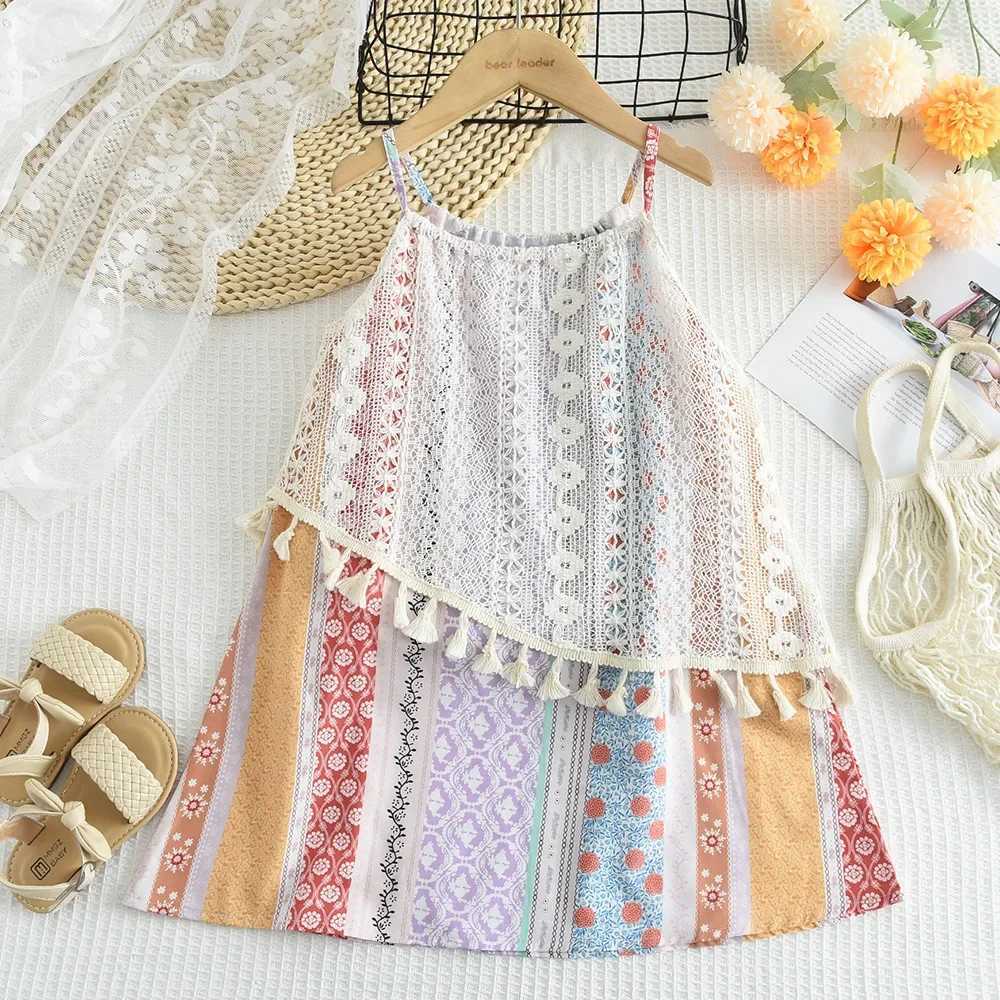 Bear Leader Summer Girls Sweet Dress Tassel Patchwork Printing Loopholes Casual Princess Dress Fashionable Childrens Clothing X250528