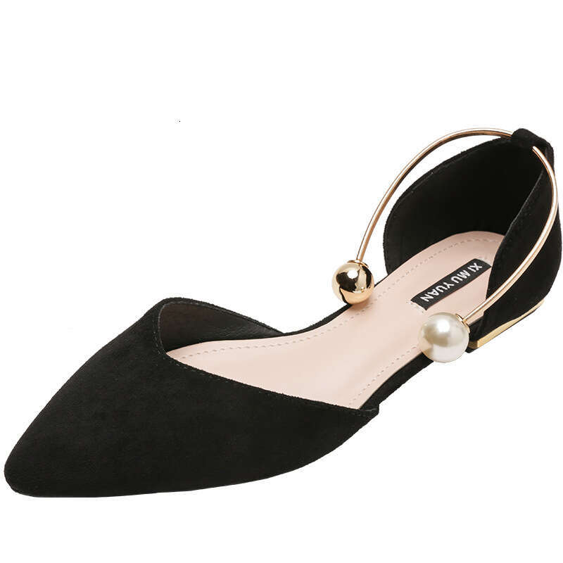 2025 Hot Hot Spring New Single Women's Pearl Ring Metal Heel Hollow Pointed Shallow Mouth Flat Bottom Shoes