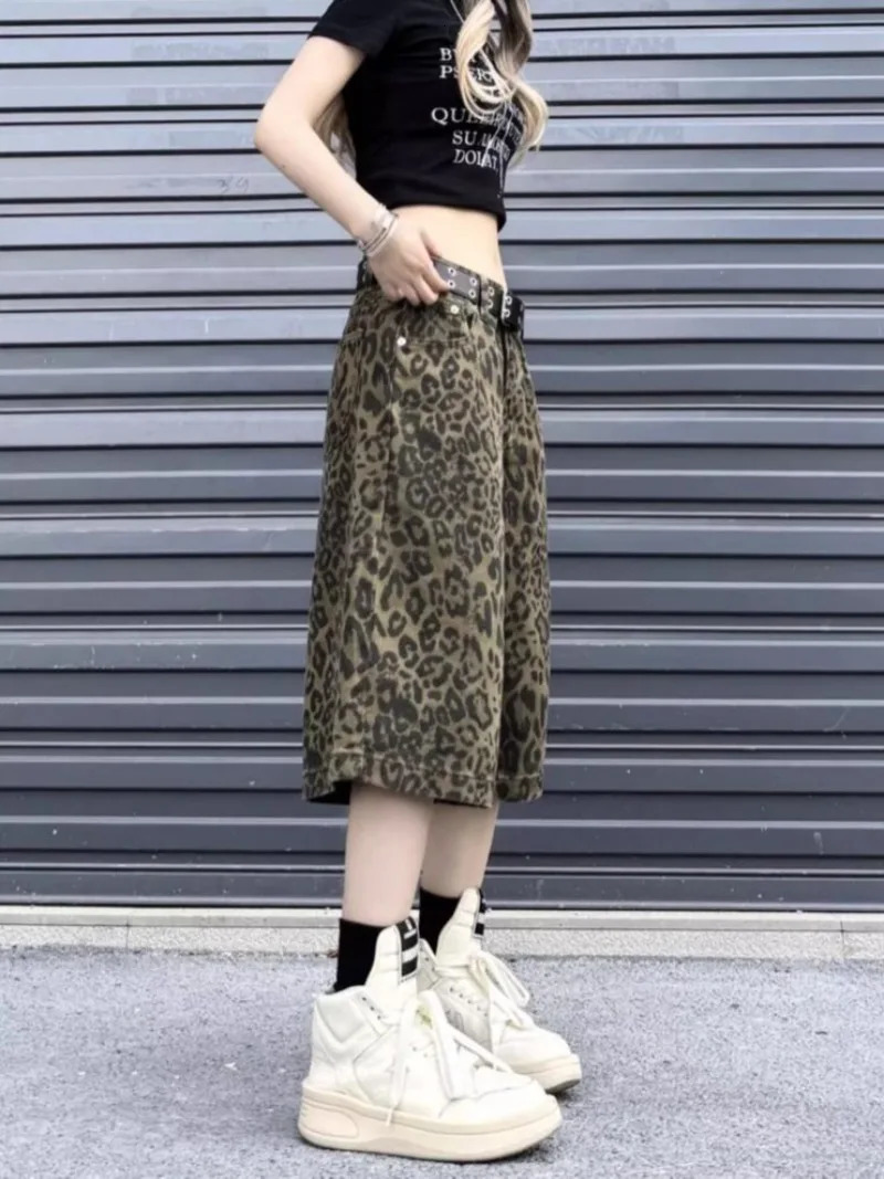 Vintage Leopard Print n Sevenpoint Trousers Street Personality Trendy Jeans Short High American Fashion Jean 250516Z
