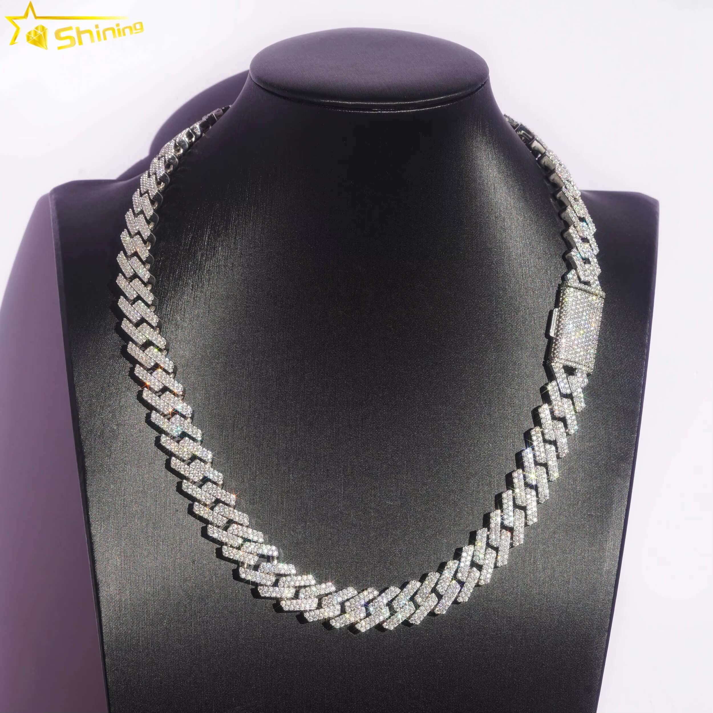 Iced Out Hip Hop Moissanite Miami Cuban Chain Necklace 10mm 15mm 925 Sterling Silver Mossanite Cuban Link Chain