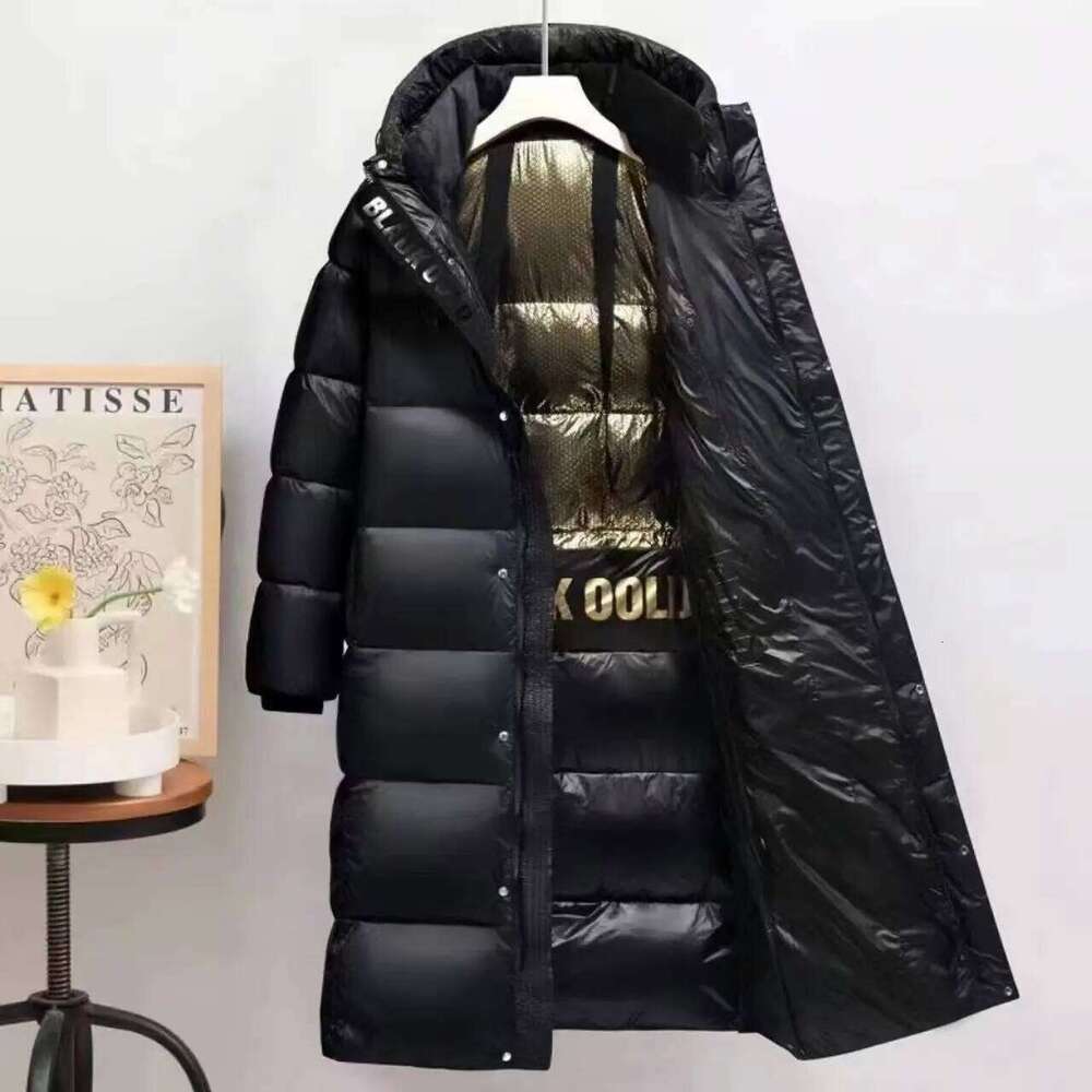 Black Gold Eight Grid Long Couple Hooded Thickened White Duck Down Jacket, New Winter for Men and Wome