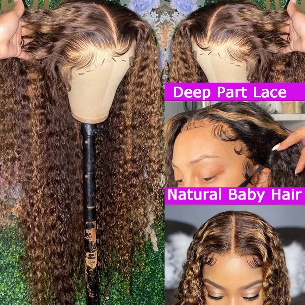 HD 13x6 Highlight Wig Human Hair Blonde Brown Lace Front Wigs Deep Curly Wig Water Wave 13x4 Lace Frontal Wig Synthetic Lace Front Wig