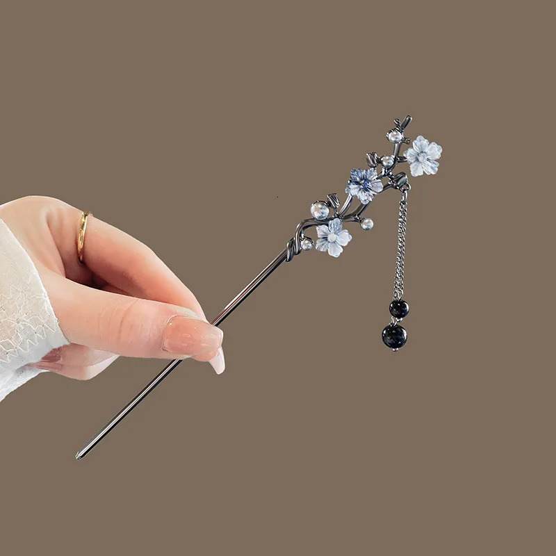 Modern Hair Stick Ink Flower Metal Tassel Hairpin Forks For Women Black Beads Fringe Clasp Chinese Hanfu Jewelry 250519