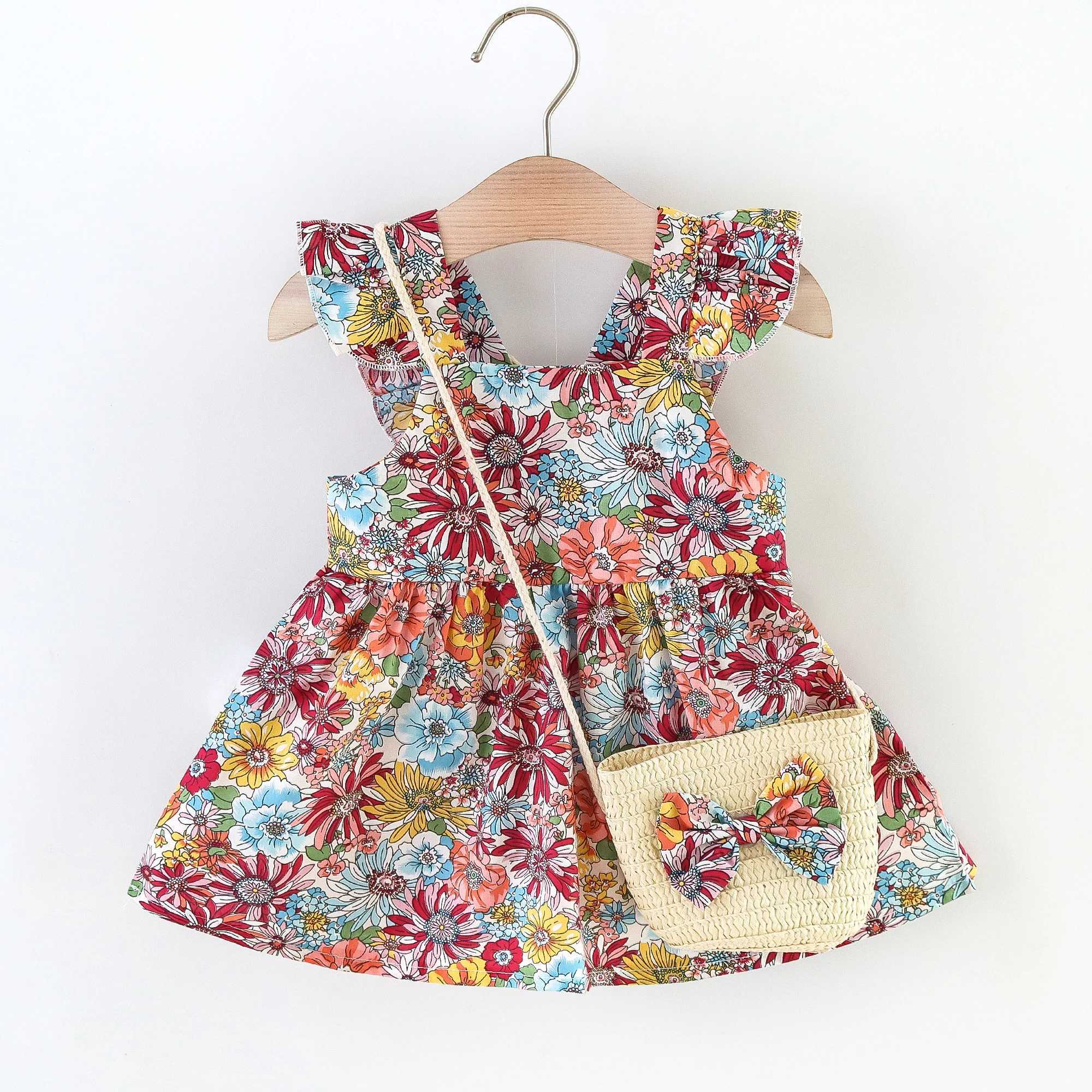 2 Pcs Summer New Baby Girl Dress Fashionable Floral Fly Sleeve Cotton Dress with Crossbody Bag Suitable for Babies Aged 0-3 X250528