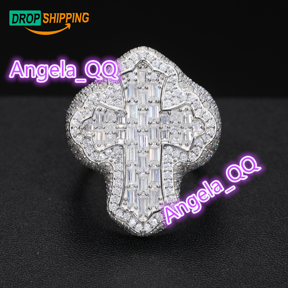 Dropshipping Baguette Cross Ring 925 Sterling Silver VVS Moissanite Diamond Iced Out Hip Hop Ring Rock Rapper Fashion Jewelry