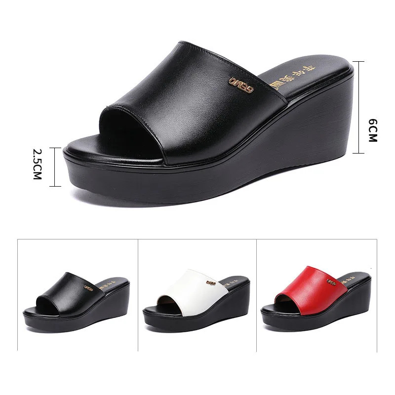 Top Cowhide Slope Heel Slippers Womens Outerwear Fashionable Sandals Summer Fish Mouth Leather Slipper Black White 250523