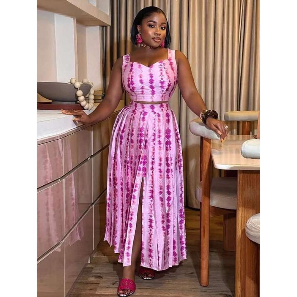 Women's Dress Print Sleeveless Strap Crop Tops And Pleated Skirts Suit Elegant Party Beach Two 2 Piece Set Outfits