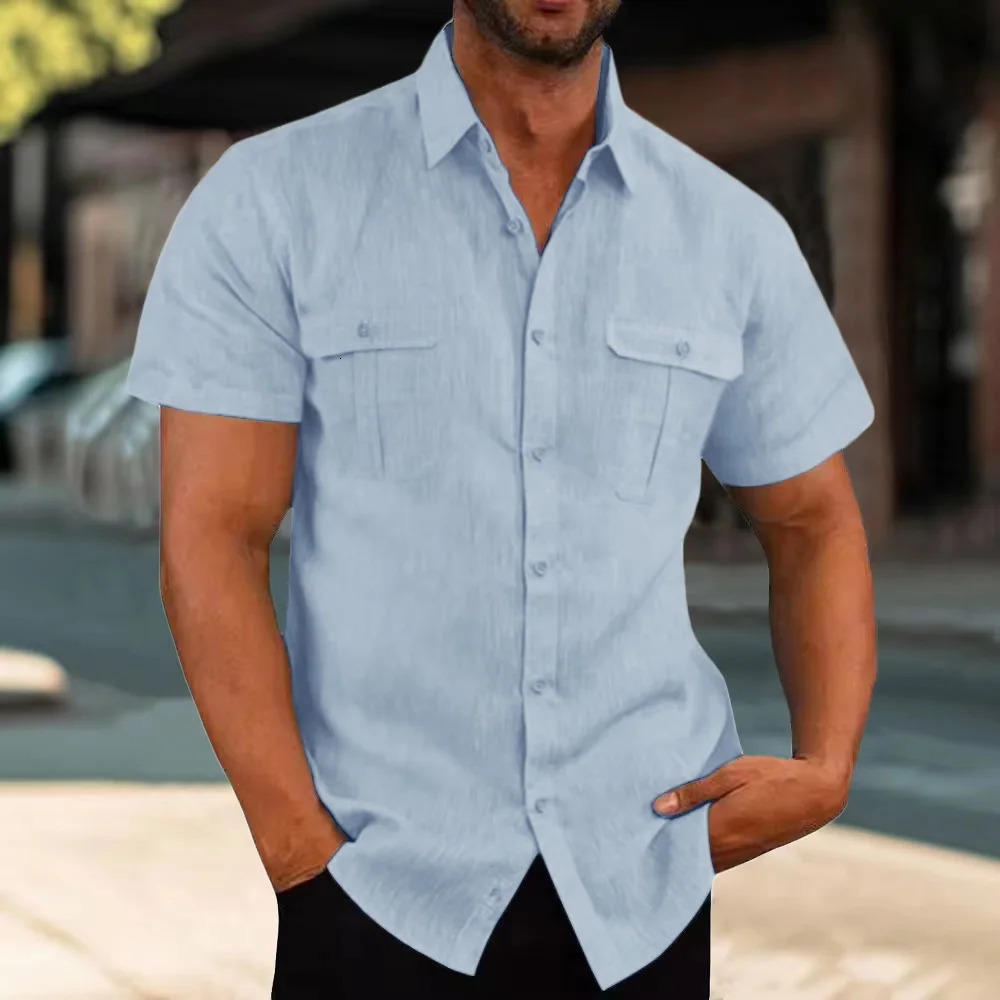 Mens Double Pocket Cotton Linen Shirt Short Sleeve Casual Solid Color Shirts for Men Breathable Holiday Beach Trendy Shirt 250527