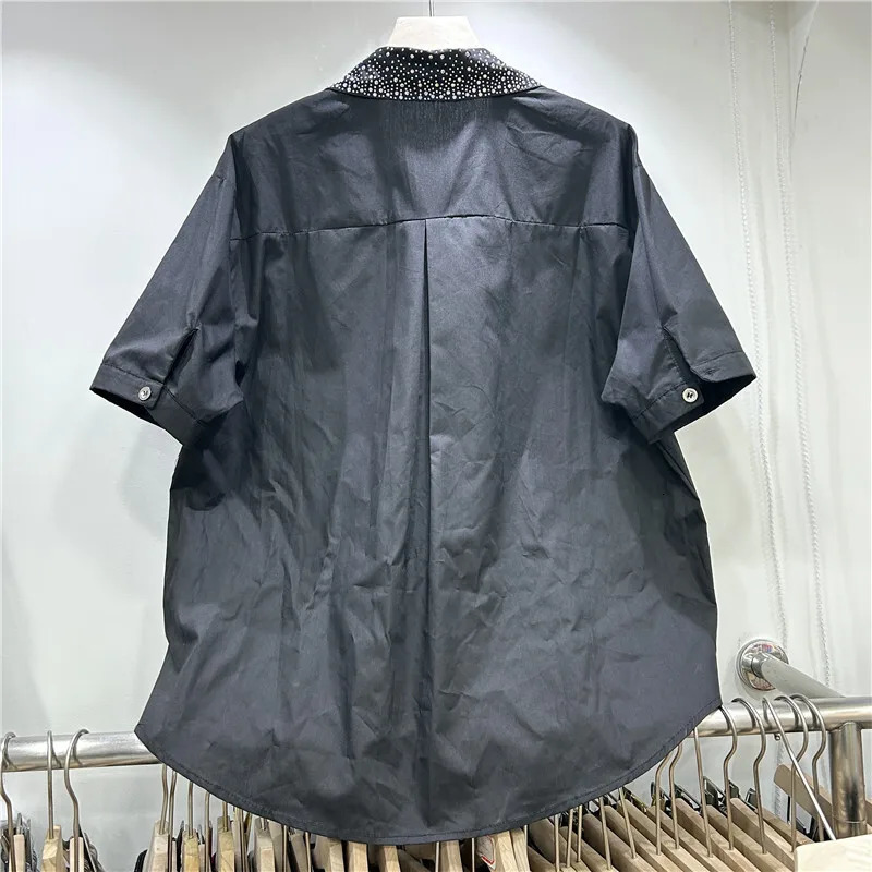 DEAT Women Shirt Loose Patchwork Denim Heart Rhinestone Single Breasted Short Sleeve Blouse Summer 2025 Fashion 29A1098 250523