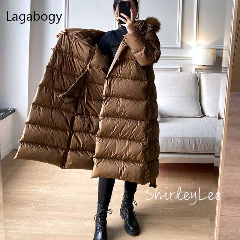 Lagabogy 2025 Winter Women 90% White Duck Down Jackets Ultra Light Warm Long Parkas Real Fox Fur Collar Female Hooded Snow Coats