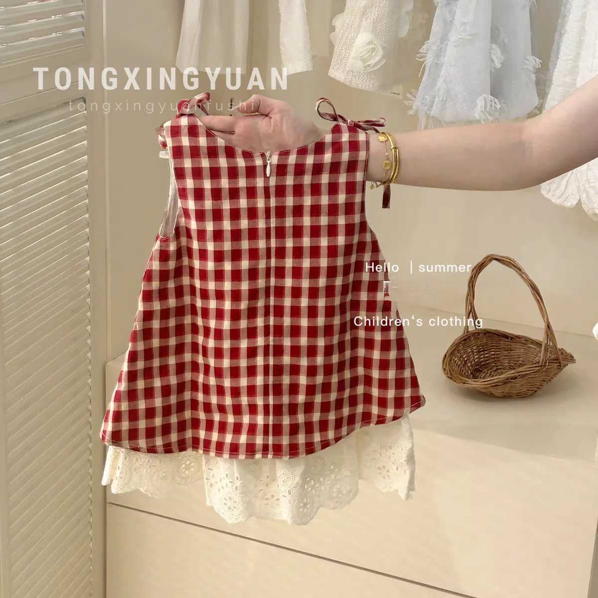 Children Clothing Girls Red Plaid Fake Two-piece Dress 2024 Summer New Children Baby Bow Vest Dress with Headscarf X250528