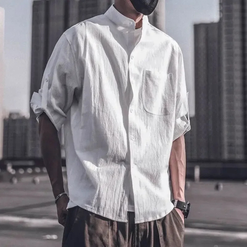 Mens Shirt with Pocket Plain Linen Male Shirts Clothing High Quality Casual Regular Japanese Vintage I Sleeves 250527
